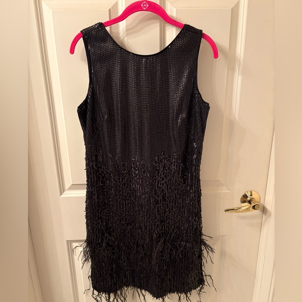 Jessica Simpson Chic Black Sleeveless Dress with Feather & Sequin Fringe Detail